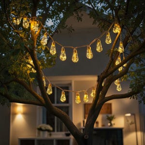 May include: String lights with warm yellow bulbs are strung through the branches of a tree. The lights are shaped like teardrops and are illuminated against the backdrop of a house and a dark sky.