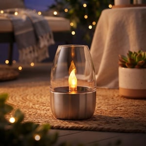 May include: A cylindrical solar-powered lantern featuring a brushed silver metal base and a clear glass top. Inside the glass enclosure, a warm-toned LED light mimics the appearance of a flickering candle flame, providing a soft glow.