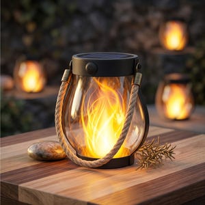 May include: A glass lantern with a black top and base, featuring a thick rope handle and an internal light that mimics a flickering flame. The lantern is powered by a solar panel on the top and is designed for outdoor use with a warm glow.