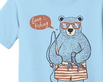 Gone Fishing - Kids - Toddler - Graphic Tee - Bear in Swim Trunks Fishing Little Infant/Toddler Tee