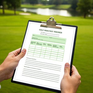May include: A black clipboard with a "GOLF PRACTICE TRACKER" form is held by a person. The form has green grid lines and spaces for data entry. The background is a green golf course with a lake.