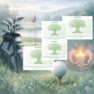 May include: A golf-themed memorial card set with a golf bag, clubs, and a golf ball on a tee. The cards feature a tree design and the words "IN MEMORIAM". A lit candle is held in cupped hands.