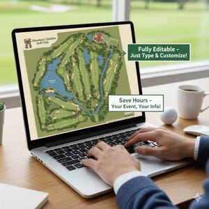 May include: A laptop displays a golf course map with the text "Wombat's Wobble Golf Club." The screen also shows the text "Fully Editable - Just Type & Customize!" and "Save Hours - Your Event, Your Info!" A white golf ball and a cup of coffee are on the desk.