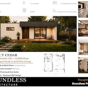 Puede incluir: Un paquete de planos arquitectónicos digitales para una casa compacta titulada COMPACT CEDAR de BOUNDLESS ARCHITECTURE. Incluye 1 dormitorio, 1 baño, 75 m² de espacio interior, 15 m² de porche, techo plano y área de lavandería.