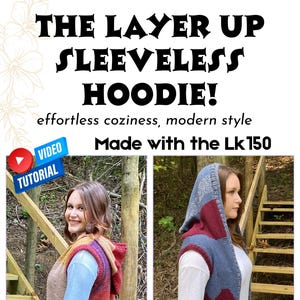 以下が含まれることがあります： 「THE LAYER UP SLEEVELESS HOODIE!」と「effortless coziness, modern style」の文字が入った、マルチカラーのノースリーブパーカー。デザインにはハートの形が含まれています。「BEGINNER FRIENDLY」の文字も表示されています。