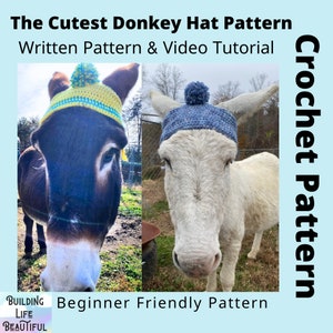 May include: Two donkeys wearing crocheted hats. The donkey on the left is brown and wearing a yellow and blue hat. The donkey on the right is white and wearing a blue hat. The text "The Cutest Donkey Hat Pattern" and "Beginner Friendly Pattern" is visible in the image.