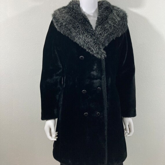 XS 1970s Black Fur Lined Hood Winter Coat Faux Fur Trim Heavyweight Car Coat
