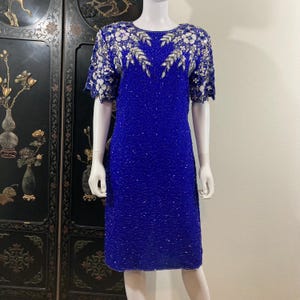 Stenay Beaded Silk Party Dress, Blue, Silver and White Sequin Cocktail Dress