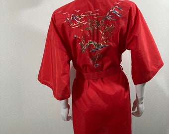 Vintage 1960’s Embroidered Red Short Kimono Robe, Size Small