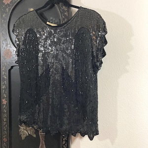 Vintage Black Sequin Top, 100% Silk
