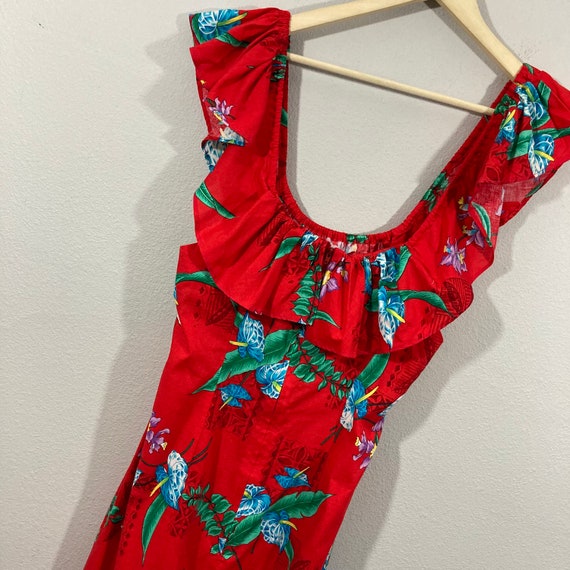 Vintage Hawaiian Maxi Dress, Red Tropical Print D… - image 8