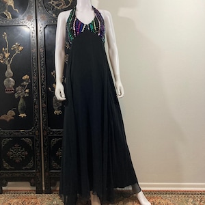 Vintage 1970’s Sequin Halter Top Maxi Dress, Disco Gown