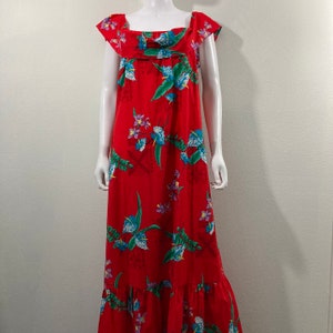 Vintage Red Tropical Print Maxi Dress, K’s Hawaii, Size 14