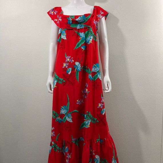 Vintage Hawaiian Maxi Dress, Red Tropical Print D… - image 1