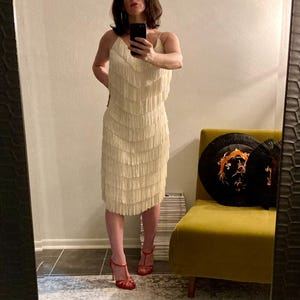 Vintage Fringe Dress, 1970’s Mod Cream Full Fringe Midi Dress, Joy Stevens California Size 10