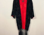Vintage 1990 s Black Velvet Fringe Kimono