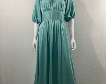 Vintage 1970’s Glam Mint Green Maxi Dress, Terri of California Gown, Vintage Size 13