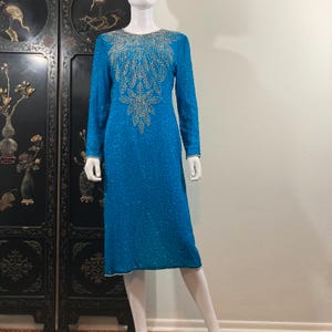 Beaded Silk Party Dress, Turquoise Blue, Sequin Midi Length Cocktail Dress, Grace Originals