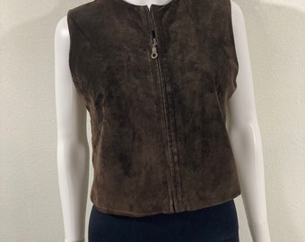 Vintage Brown Leather Vest, Shangaro West Suede Top Size Medium