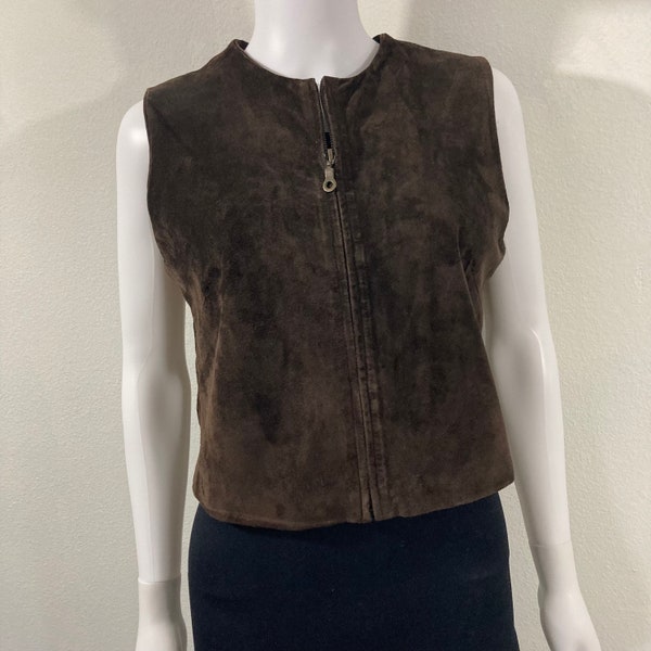 Vintage Brown Leather Vest, Shangaro West Suede Top Size Medium