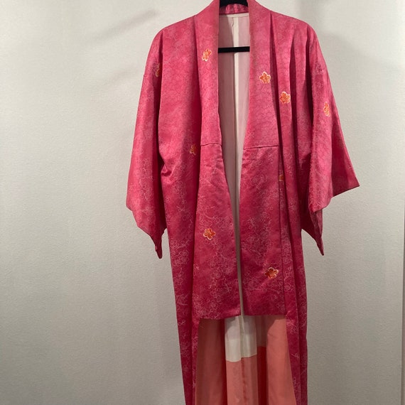 Vintage Kimono Robe- Hot Pink Floral Woven Silk J… - image 6