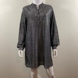 May include: A long-sleeved, silver and black dress with a mandarin collar and button-down front. The dress has a loose, flowing silhouette and is made of a shimmering fabric. The sleeves are long and end in a gathered cuff.