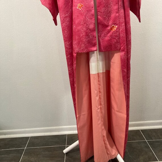 Vintage Kimono Robe- Hot Pink Floral Woven Silk J… - image 7