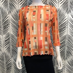 Y2K Sheer Long Sleeve Top, Geometric Abstract Print, Mesh Shirt