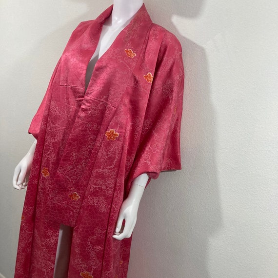 Vintage Kimono Robe- Hot Pink Floral Woven Silk J… - image 2