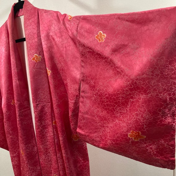 Vintage Kimono Robe- Hot Pink Floral Woven Silk J… - image 8