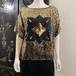 Vintage Sequin 1980’s Disco Blouse, 100% Silk, Beaded Top- Size Medium