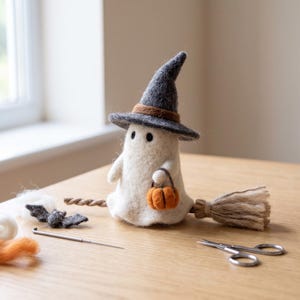 Puede incluir: Una figura de fantasma blanco de lana fieltrada con un sombrero de bruja gris oscuro y una banda marrón. El fantasma sostiene un pequeño cubo de calabaza naranja y está sentado sobre una escoba en miniatura. Un murciélago de fieltro, una aguja y tijeras.