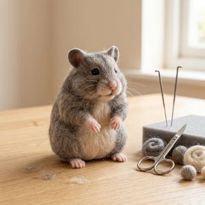 Standing Grey Hamster Needle Felting Kit | Beginner Friendly Cute Animal Craft (DIY)