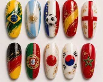 Uñas postizas con la bandera de los países del Mundial 2026 - Uñas del Campeonato Internacional de Fútbol - Uñas personalizadas con balón de fútbol 3D y lámina dorada