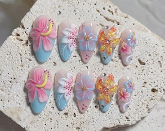 Summer Beach Nails, Press On Nails Flower, 3D Orchid Acrylic Nails, Floral Vacation Nails, Handmade Press Ons, Aesthetic Nails