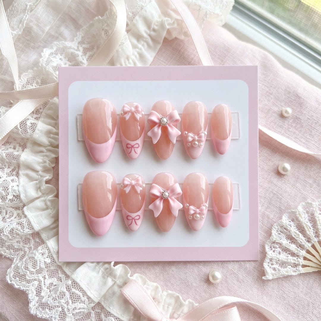 Soft Pink Coquette Balletcore Press on Nails - 3D Ribbon Bows and Pearl ...