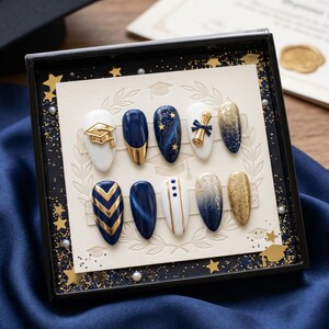 May include: A set of ten artificial nails in a black box, featuring a graduation theme. Designs include gold accents, stars, and a mortarboard. The nails are white, navy blue, and gold, with a glossy finish. The box is decorated with gold stars.