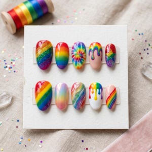 May include: A set of ten artificial nails with a rainbow theme. The nails feature various designs, including glitter, tie-dye, and dripping rainbow patterns. A wooden spool of rainbow thread is in the background.