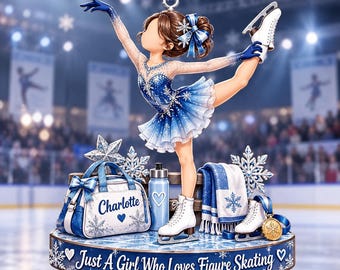 May include: A decorative ornament featuring a figure skater in a blue dress, a duffel bag labeled Charlotte, a water bottle, a towel, and a gold medal. The base displays the text Just A Girl Who Loves Figure Skating with snowflake accents.