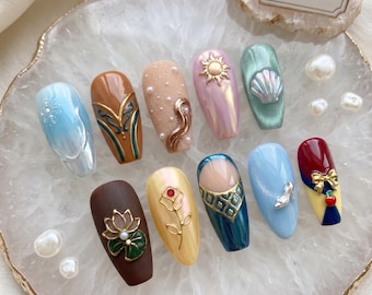 Magische Prinzessin Drücken Sie auf die Nägel | Fantasy Märchenbuch False Nails | Golden Rose 3D Nagelkunst | Verzauberte Königreich Gefälschte Nägel Kleben Set