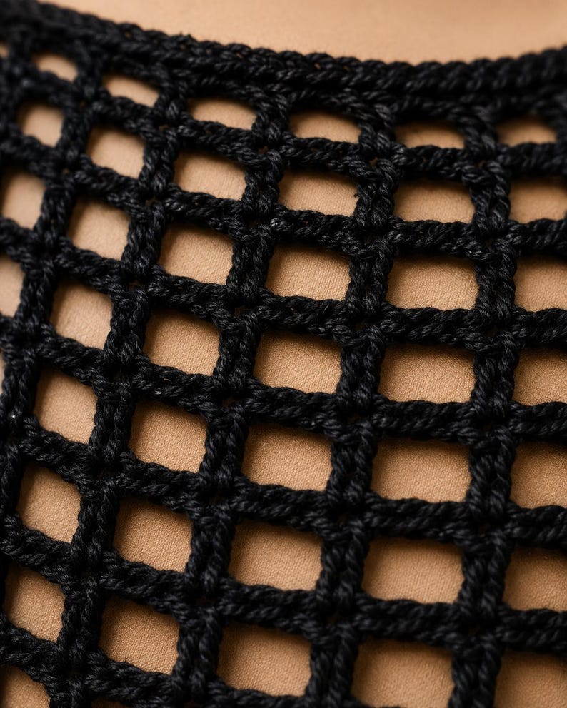 May include: A black crochet garment featuring a distinct open-work grid pattern. The textile is constructed from thick, dark yarn loops that form uniform square openings, revealing a solid tan-coloured layer underneath the textured surface.