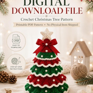 May include: A digital download file for a crochet Christmas tree pattern. The pattern features a tiered tree in alternating red and green yarn with white scalloped edges, white pearl accents, a red ribbon bow, and a cream-colored star topper.