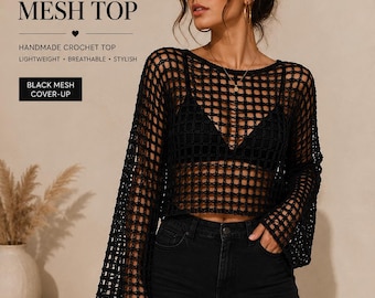 May include: A black long-sleeve crochet mesh top with a wide-knit square pattern, a round neckline, and flared sleeves. The image includes the text: CROCHET MESH TOP, HANDMADE CROCHET TOP, LIGHTWEIGHT, BREATHABLE, STYLISH, and BLACK MESH COVER-UP.