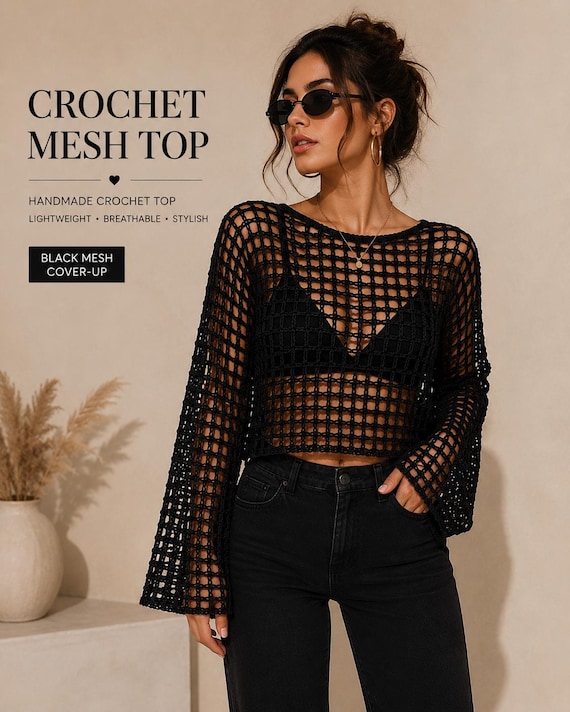 Crochet Mesh Top Pattern PDF, Boho Beach Cover Up, Oversized Crochet Sweater Pattern, Bell Sleeve Mesh Top, Summer Top XS-5XL