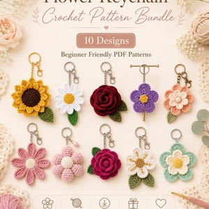 May include: A digital crochet pattern bundle for 10 flower keychains. The text reads Flower Keychain Crochet Pattern Bundle, 10 Designs, and Beginner Friendly PDF Patterns. The image displays 10 colorful crocheted flower keychains with metal rings.