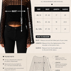 May include: A black long-sleeve crochet top with a wide neckline and cropped length, paired with a size guide chart. The chart displays bust, length, and sleeve measurements in inches for sizes XS/S, M/L, and XL/2XL, alongside instructions.