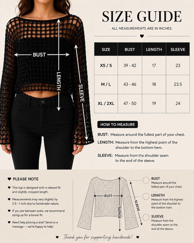 May include: A black long-sleeve crochet top with a wide neckline and cropped length, paired with a size guide chart. The chart displays bust, length, and sleeve measurements in inches for sizes XS/S, M/L, and XL/2XL, alongside instructions.