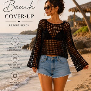 May include: A black long-sleeve crochet top with a wide-knit grid pattern, paired with light blue denim shorts. The image includes text: PERFECT Beach COVER-UP, RESORT READY, BREATHABLE & LIGHTWEIGHT, PERFECT OVER SWIMWEAR, and VACATION ESSENTIAL.