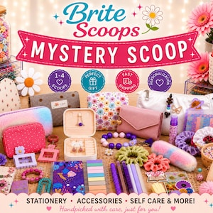 May include: A collection of stationery and accessories including pencil cases, a jewellery box, pens, scrunchies, and small charms. The display features a sign reading Brite Scoops Mystery Scoop, with various colourful items arranged on a surface.
