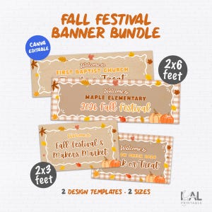 Peut inclure: Un ensemble numérique de quatre bannières rectangulaires pour festival d'automne avec des fonds en papier kraft brun, des bordures à carreaux blancs et des illustrations de feuilles d'automne. Le texte inclut Welcome to First Baptist Church Trunk or Treat, Maple Elementary 2026 Fall Festival, Fall Festival & Makers Market et Willow Creek 2026 Trunk or Treat. Inclut des étiquettes de taille 2x6 pieds et 2x3 pieds.